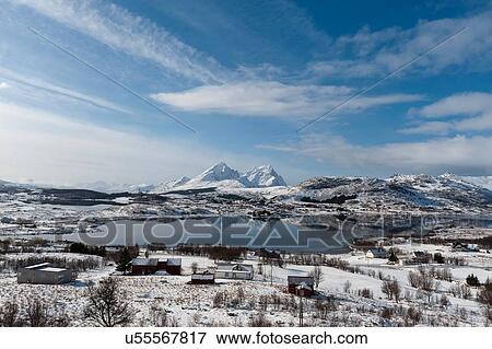 Stock Photo - Snow covered landcape, Borg, Lofoten Islands, Norway. Fotosearch