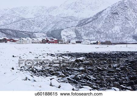 Stock Photography - Snow covered landscape, Noss, Lofoten Islands, Norway. Fotosearch