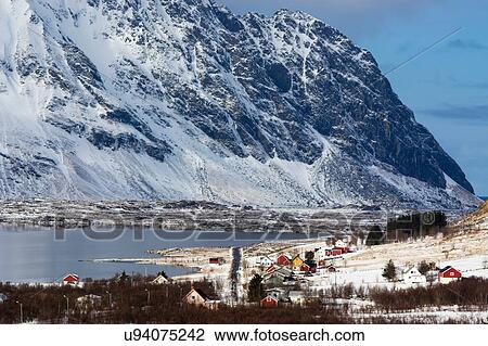 Snow covered waterfront and mountain, Borg, Lofoten Islands, Norway View Large Photo Image Stock Image - Snow covered waterfront and mountain, Borg, Lofoten Islands, Norway. Fotosearch