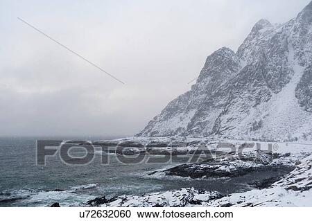 Stock Image - Snow storm at coast, Lofoten and Vesteralen Islands, Norway. Fotosearch