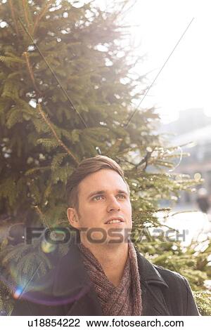 Stock Image - Young man looking up in front of xmas tree in Covent Garden, London, UK. Fotosearch