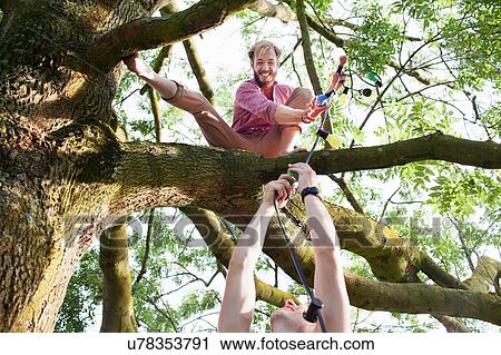 Stock Image - Young men handing decorative lights to friend in tree at sunset park party. Fotosearch