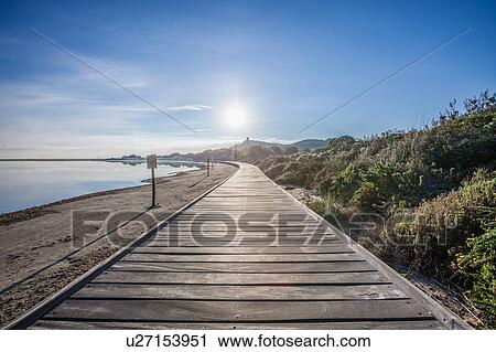 Stock Image - Beach boardwalk, Villasimius, Sardinia, Italy. Fotosearch