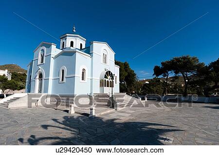 Stock Image - Blue orthodox church, Syros, Cyclades Islands, Aegean sea, Greece. Fotosearch