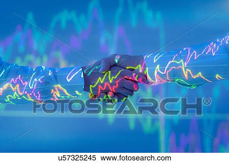Stock Photography - Businessmen shaking hands with projected graphical financial data, close up. Fotosearch