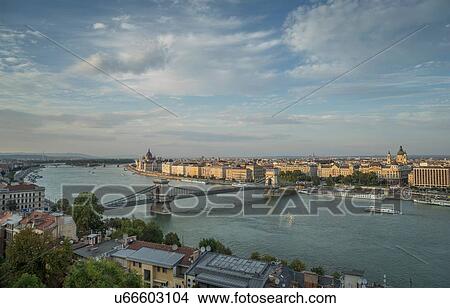 Picture - Chain Bridge and ferries on the Danube, Hungary, Budapest. Fotosearch