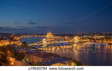 Chain Bridge on the Danube at night, Hungary, Budapest View Large Photo Image Picture - Chain Bridge on the Danube at night, Hungary, Budapest. Fotosearch