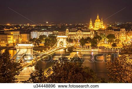 Chain Bridge on the Danube at night, Hungary, Budapest View Large Photo Image Stock Photograph - Chain Bridge on the Danube at night, Hungary, Budapest. Fotosearch