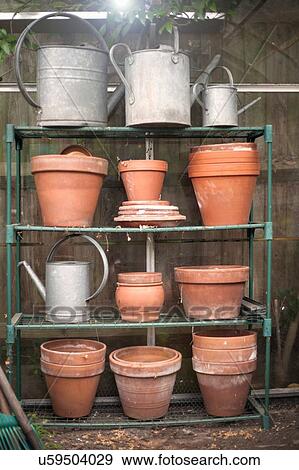 Stock Photo - Clay plant pots and watering cans on rack. Fotosearch