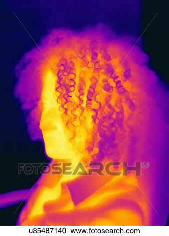 Stock Image - Close up view of woman with curly hair, thermal image. Fotosearch