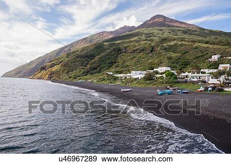 Coast and black sand of beach Stromboli, Aeolian Islands, Sicily, Italy View Large Photo Image Stock Photo - Coast and black sand of beach Stromboli, Aeolian Islands, Sicily, Italy. Fotosearch