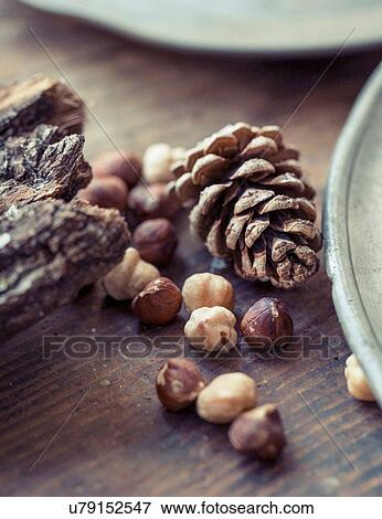 Cropped close up view of hazelnuts and pinecones on wooden surface View Large Photo Image Stock Photo - Cropped close up view of hazelnuts and pinecones on wooden surface. Fotosearch
