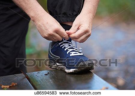 Stock Image - Cropped shot of male runners hands tying trainer laces on park bench. Fotosearch