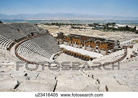 Elevated view of ancient Roman amphitheatre, Hierapolis, Pamukkale, Anatolia, Turkey View Large Photo Image Stock Photography - Elevated view of ancient Roman amphitheatre, Hierapolis, Pamukkale, Anatolia, Turkey. Fotosearch