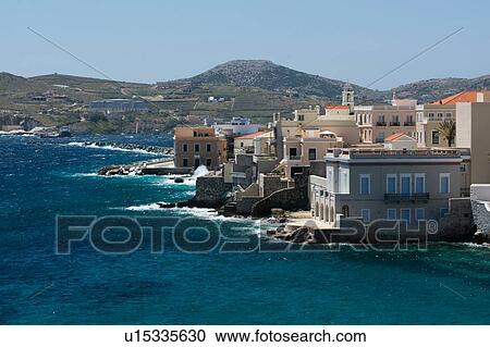 Elevated view of sea and Ermoupoli, Syros, Cyclades Islands, Aegean sea, Greece View Large Photo Image Stock Image - Elevated view of sea and Ermoupoli, Syros, Cyclades Islands, Aegean sea, Greece. Fotosearch