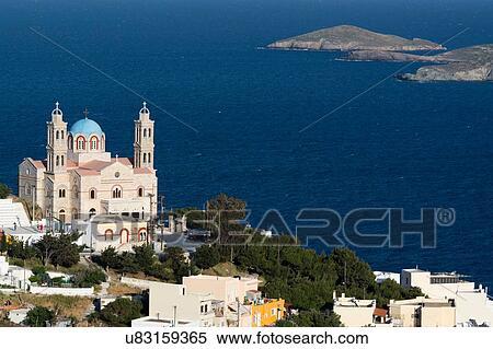 Stock Photography - Elevated view of the Church of Resurrection, Ermoupoli, Syros, Cyclades Islands, Aegean sea, Greece. Fotosearch