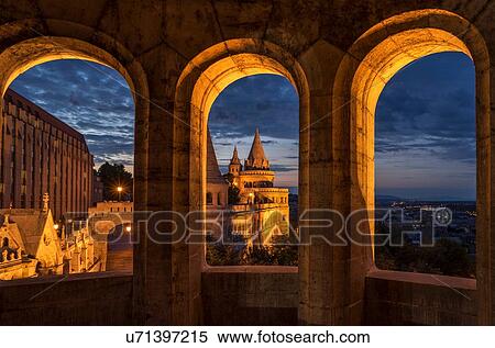Stock Photography - Fisherman's Bastion at night, Hungary, Budapest. Fotosearch