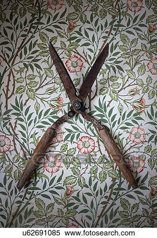 Stock Photography - Garden shears on floral-patterned background. Fotosearch