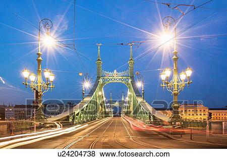 Stock Photo - Liberty Bridge illuminated at night on the Danube, Hungary, Budapest. Fotosearch