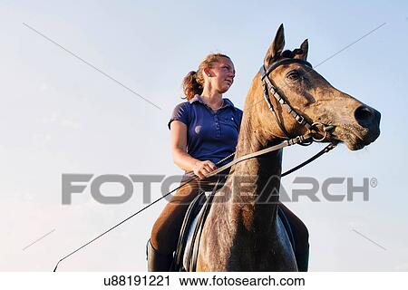 Stock Image - Low angle view of woman riding bay horse against blue sky. Fotosearch