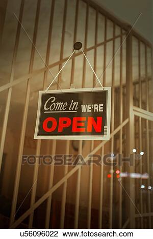 Stock Image - Open signage in shop. Fotosearch