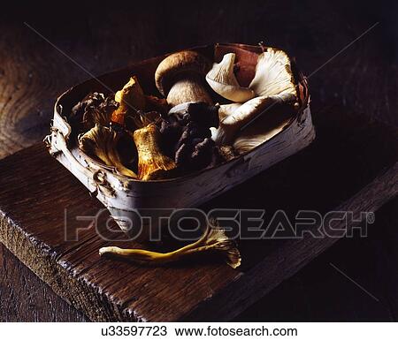 Organic wild mushrooms in tree bark basket on wooden cutting board View Large Photo Image Stock Image - Organic wild mushrooms in tree bark basket on wooden cutting board. Fotosearch