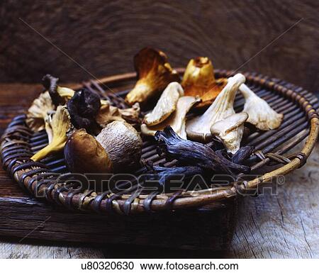 Stock Image - Organic wild mushrooms on woven tray on wooden cutting board. Fotosearch