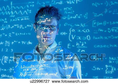 Stock Photo - Portrait of scientist with projected mathematical data. Fotosearch