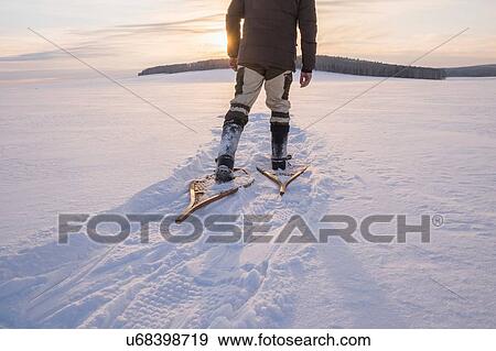 Rear view of male hiker hiking across snow covered landscape, Ural, Russia View Large Photo Image Stock Photo - Rear view of male hiker hiking across snow covered landscape, Ural, Russia. Fotosearch