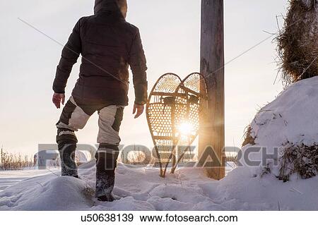 Rear view of man standing in snowy field, Ural, Russia View Large Photo Image Stock Photo - Rear view of man standing in snowy field, Ural, Russia. Fotosearch