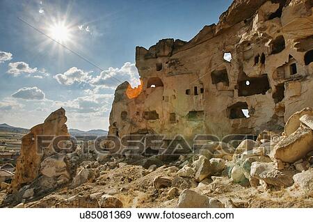 Stock Photo - Rock formation dwellings, Cappadocia, Anatolia, Turkey. Fotosearch