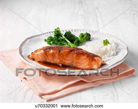 Scottish salmon with teriyaki sauce, broccoli and rice View Large Photo Image Stock Image - Scottish salmon with teriyaki sauce, broccoli and rice. Fotosearch