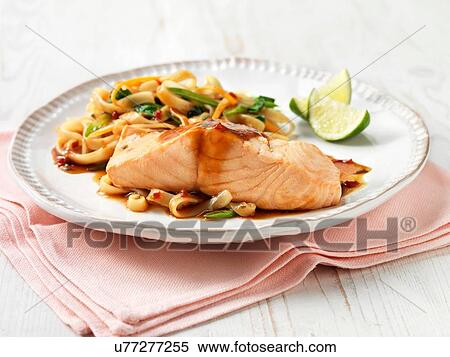 Scottish salmon with teriyaki sauce, noodles and stir fry vegetables View Large Photo Image Stock Photography - Scottish salmon with teriyaki sauce, noodles and stir fry vegetables. Fotosearch