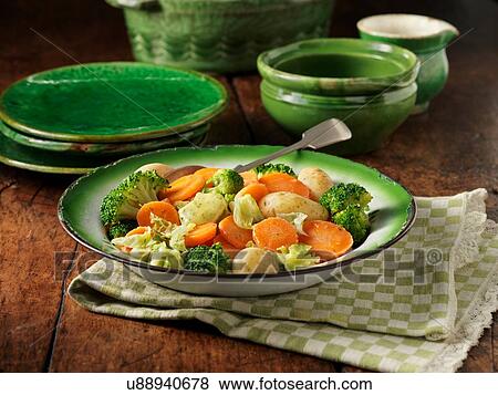 Stock Photo - Sliced carrots, broccoli, cabbage and potatoes in ornate green serving dish. Fotosearch