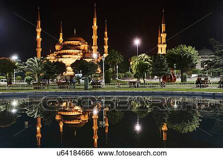 Stock Photograph - Sultan Ahmed Mosque at night, Istanbul, Turkey. Fotosearch