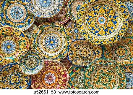 Stock Photo - Traditional hand painted ornate plates, Sicily, Italy. Fotosearch