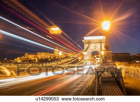 Stock Image - Traffic on Chain Bridge at night, Hungary, Budapest. Fotosearch