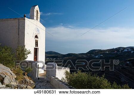 Stock Image - Whitewashed chapel at Ano Syros, Ermoupoli, Syros, Cyclades Islands, Aegean sea, Greece. Fotosearch