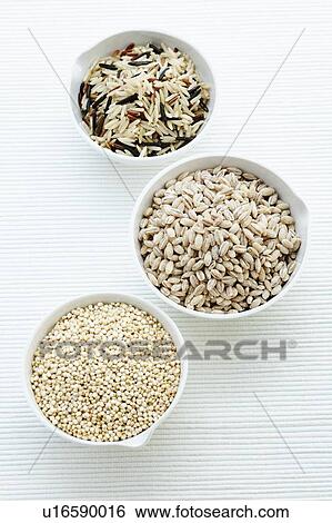 Barley, rice and quinoa in bowls View Large Photo Image Stock Photograph - Barley, rice and quinoa in bowls. Fotosearch