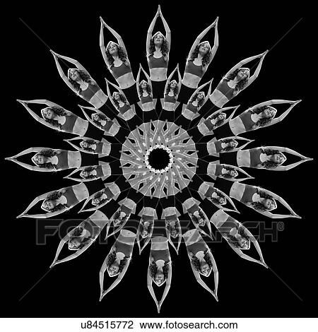 Stock Image - B&W multiple image kaleidoscope of woman in yoga pose. Fotosearch