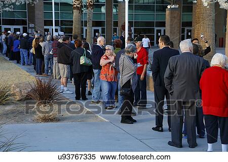 Stock Photography - Caucus goers and voters wait in line to enter a caucus location in Las Vegas, Nevada, U. S., on Tuesday, Feb. 23, 2017. Fotosearch