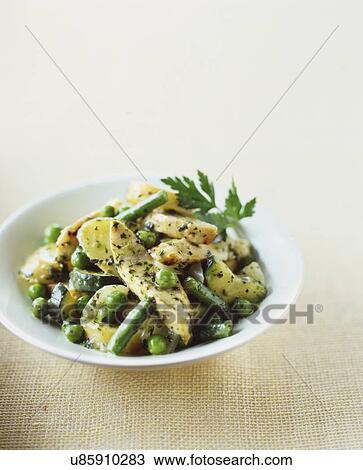Chicken, peas, potatoes with herbs and butter in bowl View Large Photo Image Stock Image - Chicken, peas, potatoes with herbs and butter in bowl. Fotosearch