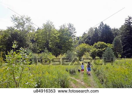 Stock Image - Children walking in forest. Fotosearch