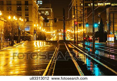 "Cityscape with street and tram line at night, Tacoma, Washington, USA" View Large Photo Image Stock Image - "Cityscape with street and tram line at night, Tacoma, Washington, USA". Fotosearch