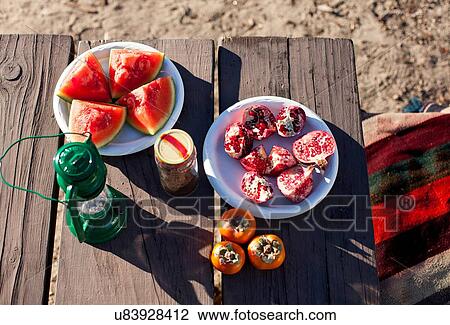 "Cut fruit on plates on picnic table, overhead view" View Large Photo Image Stock Image - "Cut fruit on plates on picnic table, overhead view". Fotosearch