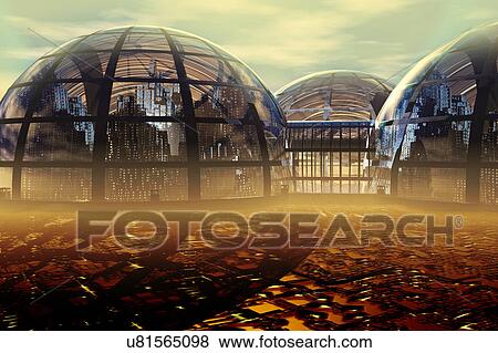Stock Illustration - Domed Futuristic City, illustration. Fotosearch