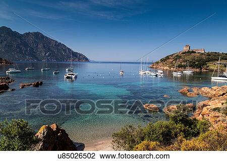 Stock Image - Elevated view of yachts anchored in bay, Girolata, Corsica, France. Fotosearch
