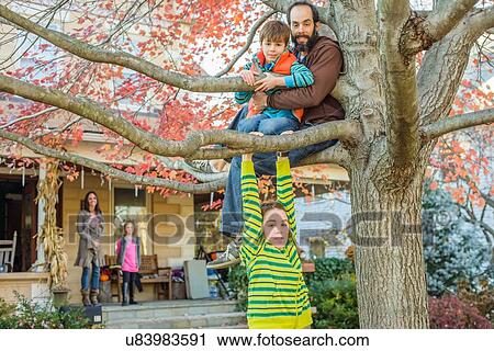 Father and children climbing tree in garden View Large Photo Image Stock Image - Father and children climbing tree in garden. Fotosearch
