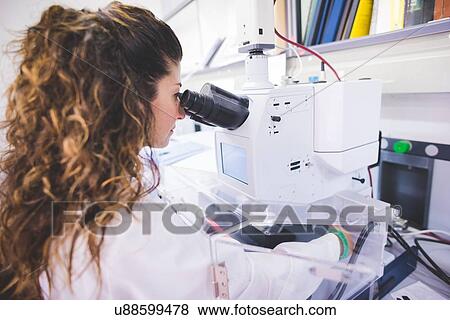 Stock Photo - Female scientist using FTIR spectrophotometer, looking at thin film sample through the FTIR microscope. Fotosearch