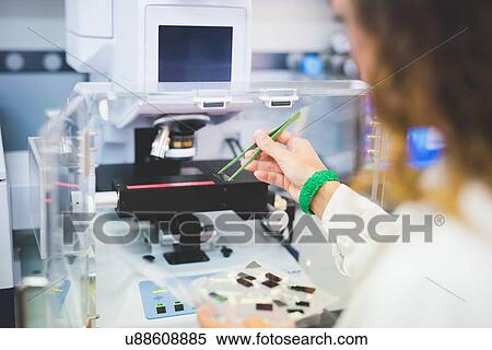 Stock Photography - Female scientist using FTIR spectrophotometer, positioning thin film sample on microscope stage. Fotosearch